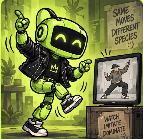 COPYBOT, a lime robot dancing in a leather jacket