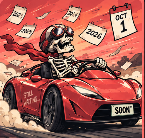 ROADSOON, skeleton driving a red roadster